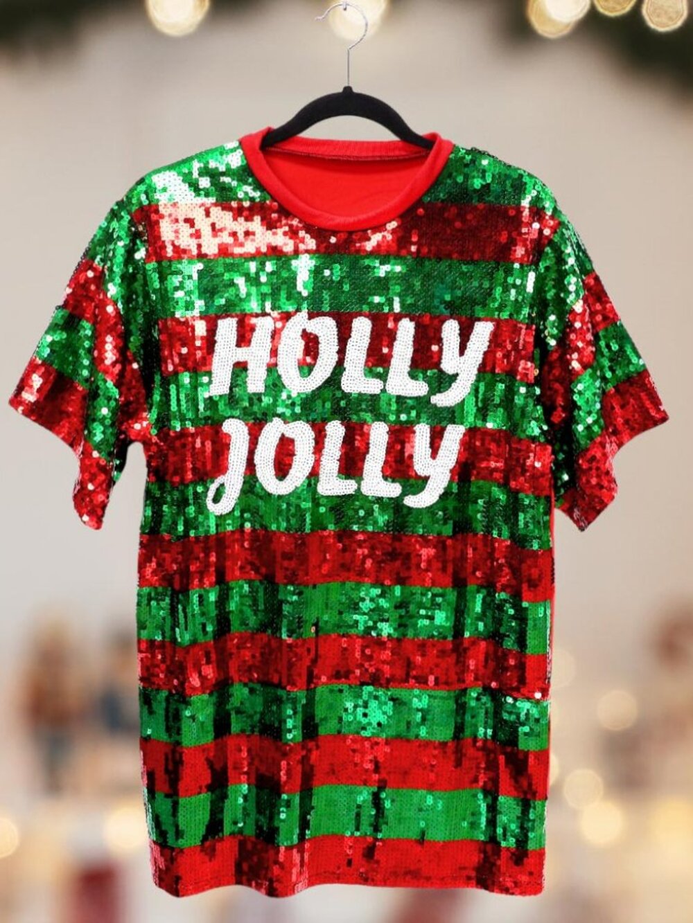 HOLLY JOLLY Message Christmas Sequin Jersey Top